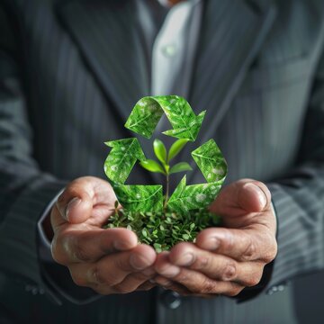 Connecting Business and Sustainability: Businessman Engaging with CSR Icon in Polished 3D Illustration