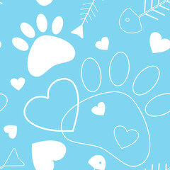 Cute seamless pattern with pets paws, bones and hearts. It can be used for wallpapers, wrapping, cards, patterns for clothes and other. Bones, paw print and fishbone. Cute cartoon seamless pattern