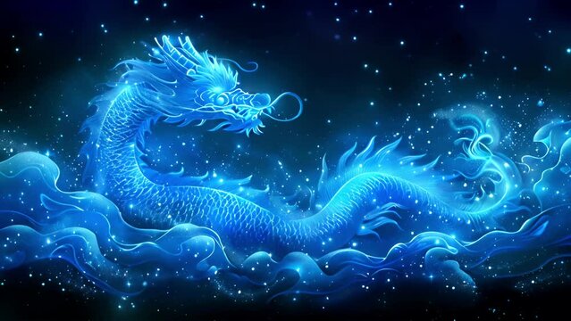 Chinese dragon blue lights. Abstract blue dragon head. 2024 animal Chinese symbol of the year. Fantasy magic neon glow light 4k video Asia