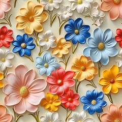 Obraz premium Colorful Flowers in a Ceramic or 3d Acrylic Paint Style in a seamless pattern