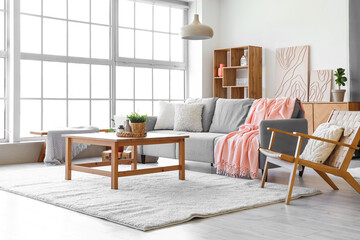Modern interior of living room with cozy sofa, armchair and coffee table