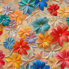 Colorful Flowers in a Ceramic or 3d Acrylic Paint Style in a seamless pattern