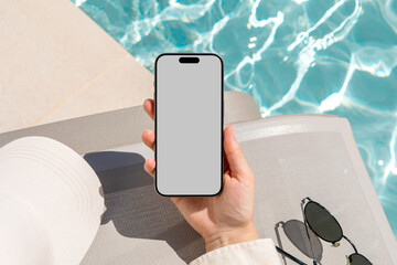 Mockup phone with white screen. Summer Vibes by Pool