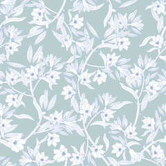 White flowers and branches on blue background, blue outline. Seamless floral pattern-330.
