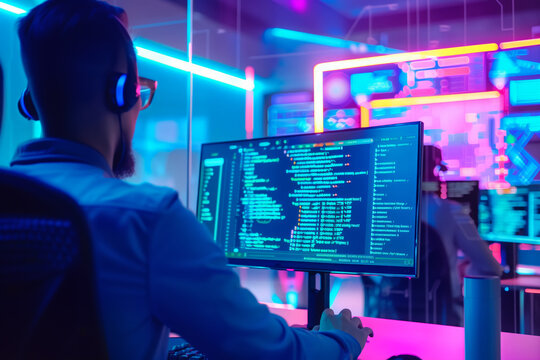 Software developer writing code working at computer in creative office at night