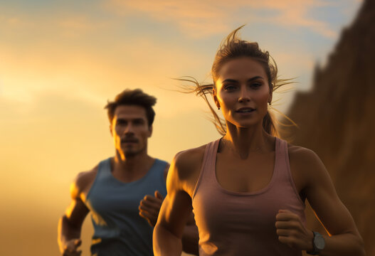Woman and man running towards the sunset in the mountains
