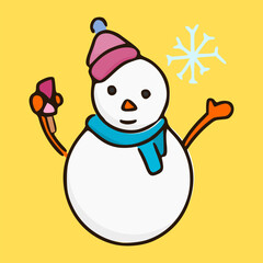 hand draw cartoon of snowman with smile expression and hold an ice cream isolated on yellow