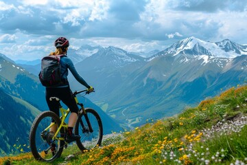 Naklejka premium Female mountain biker enjoying the scenic view of the mountain peaks