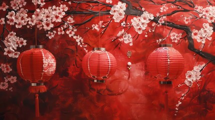 Fototapeta premium Elegant red lanterns and cherry blossoms decorate a vibrant background, capturing the essence of a festive Asian celebration. Generative AI