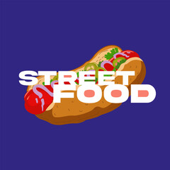 Hotdog modern poster for print. Vector street fast food icon. Cartoon food illustration. Vector advertising poster Hot Dog