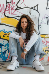Young street artist woman posing sitting on the floor