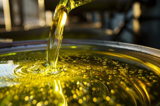 Golden liquid pouring from a bottle into a metal container, creating bubbles and ripples - Powered by Adobe