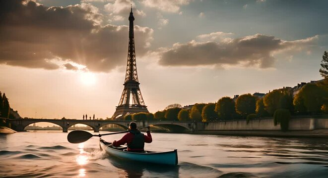 Person kayaking on the Seine river in Paris.