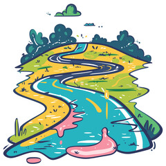 Colorful winding road snakes through lush countryside tall trees. Cartoonstyle springtime landscape includes diverse colors whimsical shapes depicting sunny day. Playful illustration natures scenery