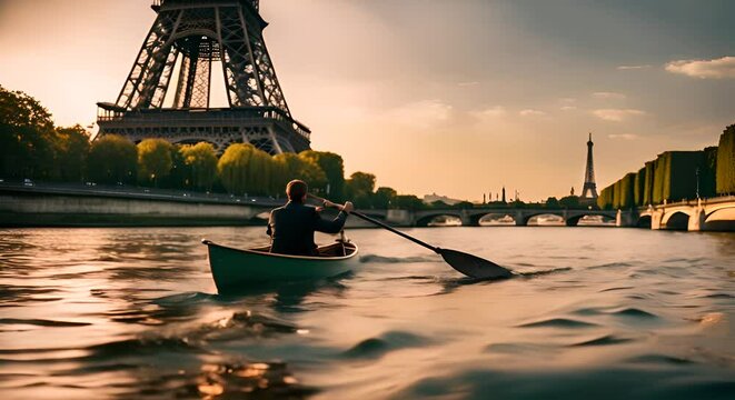 Person kayaking on the Seine river in Paris.
