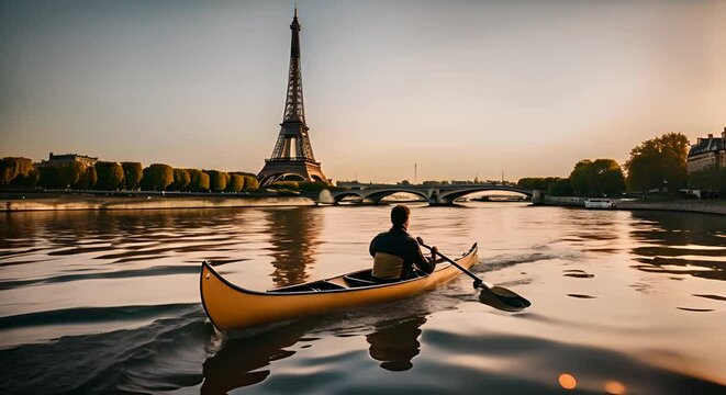 Person kayaking on the Seine river in Paris.