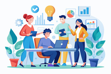 Business team working together, brainstorming, discussing ideas for project. People meeting at desk in office. illustration for co-working, teamwork, workspace concept, flat illustration