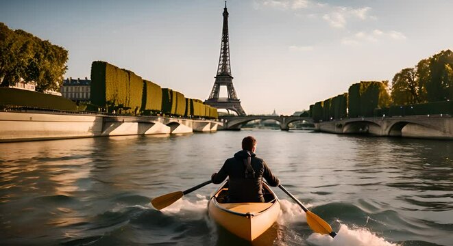 Person kayaking on the Seine river in Paris.