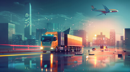 Cross-country truck on highway and cargo plane flying above the city, cargo delivery neon background. Concept of transportation and logistics, international supply chain. 