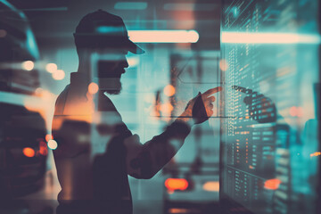 Truck driver analyzing telemetry data on transparent digital screen