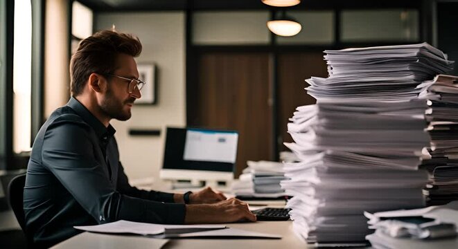 Office worker with a lot of work and a lot of papers.