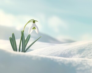 A single snowdrop flower in dazzlingly white snow, without any shadows, under bright midday sunlight