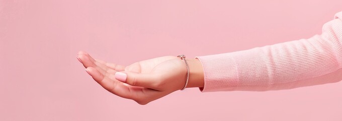 Woman's hand with bracelet on a pink background. Studio fashion photography with copy space.
