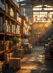 Fototapeta premium Warehouse Interior With Sunbeams. A warehouse interior with rows of shelves filled with boxes.