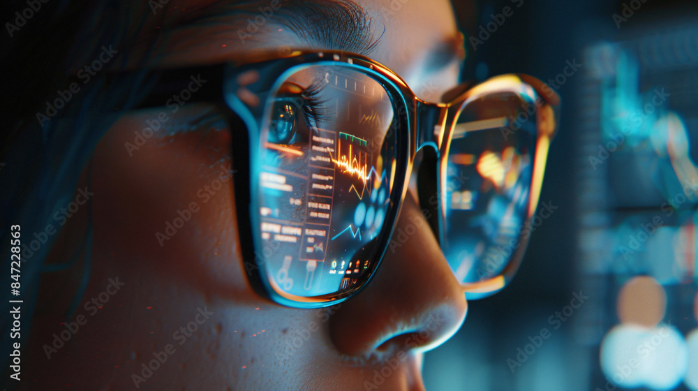 Poster Person examining digital graphs and data on smart eyewear in a close-up view