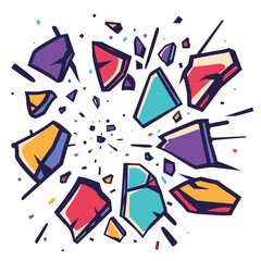 Vibrant geometric shapes burst exploding colorful shards abstract pieces, isolated white background, vector illustration. Mosaic crystal fragments blue purple yellow red scattered dynamic motion