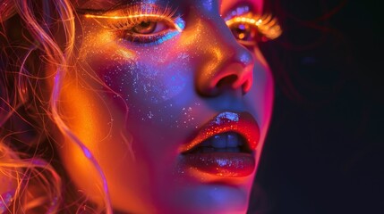A portrait of a woman with colorful neon makeup and glitter on her face