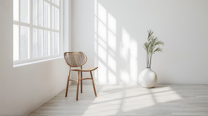 A minimalist Scandia beautiful wooden chair in a white themed room 