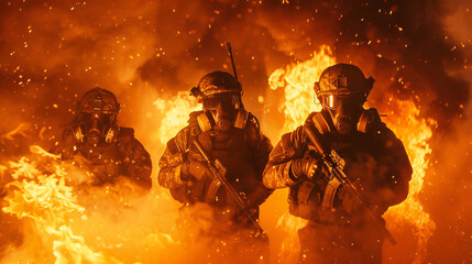 Three armed soldiers advance through intense flames, equipped for a dangerous mission