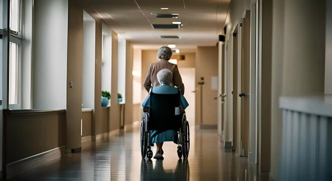 Nurse taking care of a patient in a wheelchair.
