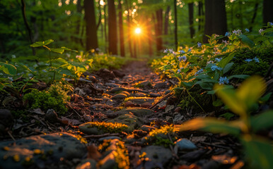 A path through a forest with a sun shining through the trees. The sun is casting a warm glow on the ground and the plants