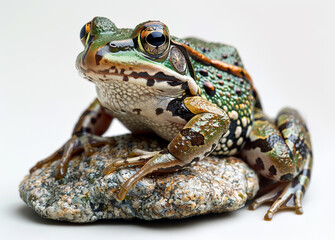 Fototapeta premium A frog is sitting on a rock. The frog is green and brown. The frog has a black eye