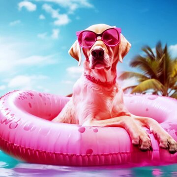 Cute dog wearing sunglasses and floating on a pink inflatable ring in a pool, summer time joy. Adorable dog with pink sunglasses relaxing on pink inflatable ring in a swimming pool