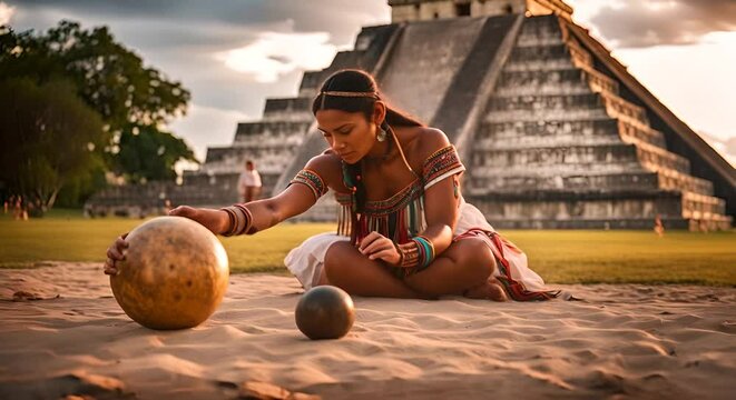 Aztec woman with a ball. Aztec sport.