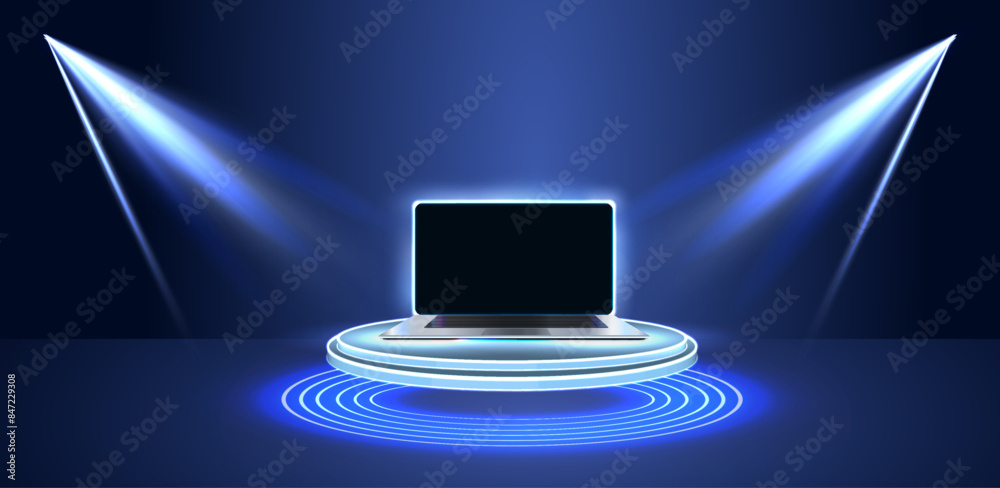 Poster futuristic laptop with user interface elements and data analytics