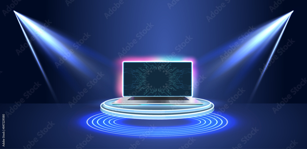 Poster futuristic laptop with user interface elements and data analytics