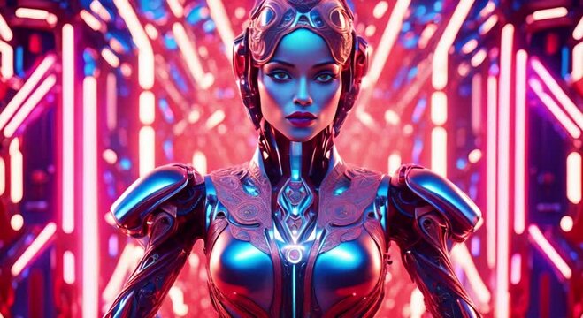 Futuristic female robot in vibrant blue. Humanoid robot fasion model against shiny background. Advanced tech fashion model in neon blue. Blue cyborg model with glowing chest piece