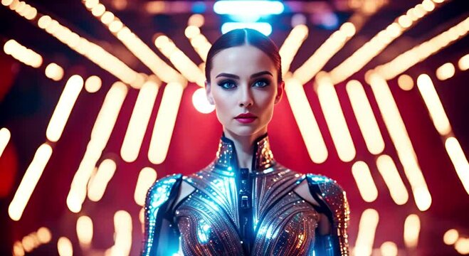 Silver humanoid robot model against light. Sleek silver cyborg fashion model. Futuristic silver robot with illuminated backdrop. Humanoid robot fashion model