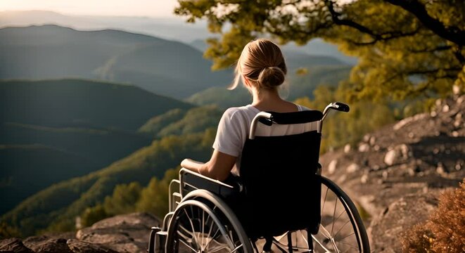 Woman in a wheelchair on the top of a mountain.