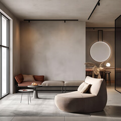 Aesthetic elegant minimalist interior design. Concrete effect paint in the room. Decorative stucco on the walls. Copy space. Clean apartment for decoration. Japandi, scandi style.