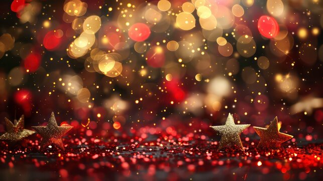 Festive shimmering background with golden and red bokeh lights and stars, perfect for holiday season, celebrations, and joyful occasions. Generative AI