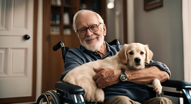 Senior man in a wheelchair with his dog.