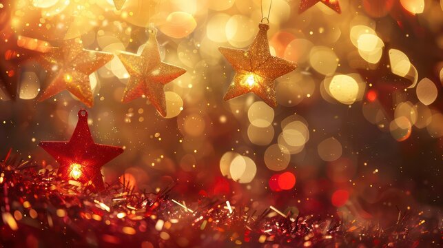 Festive shimmering background with golden and red bokeh lights and stars, perfect for holiday season, celebrations, and joyful occasions. Generative AI