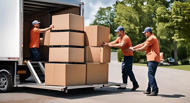 Workers of a moving company doing a moving with boxes.