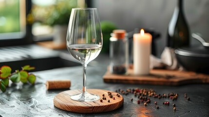 Naklejka premium A wine glass placed on a wooden coaster with a candle and seasonings