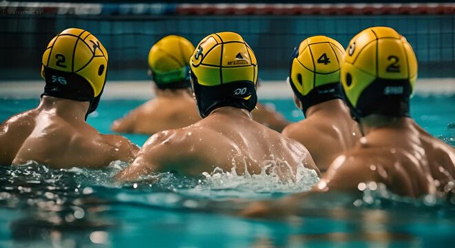 Back view of players of a water polo team.